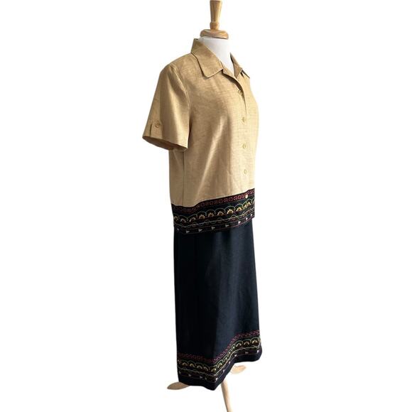 Alfred Dunner sz 12/14 Top Skirt Set Gold Black Maxi Button Down Boho - Picture 2 of 7